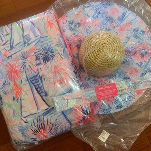 Lilly Pulitzer 5Pc ~SEA TO SHINING SEA~ Beach MAT, 2 Towels, SUN HAT+ FIREWORKS